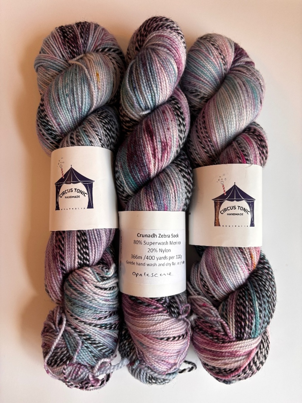Circus Tonic yarn - 3 skeins - Crunadh Zebra Sock - opalescence colorway